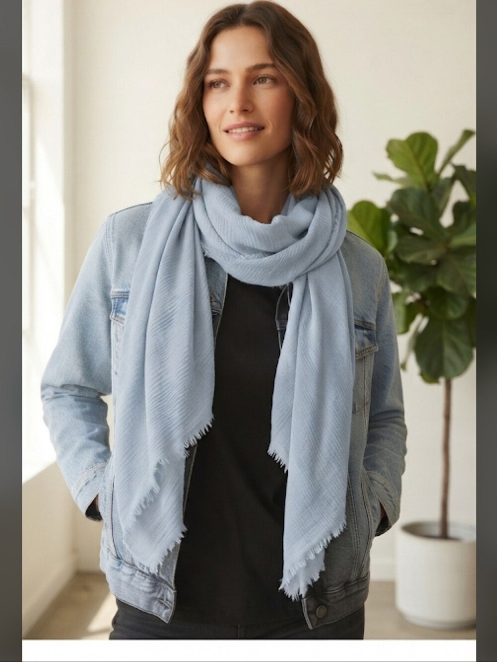 MANGO Lightweight Light Blue Scarf Wrap Large Oversized Frayed Edge 38" x 90"